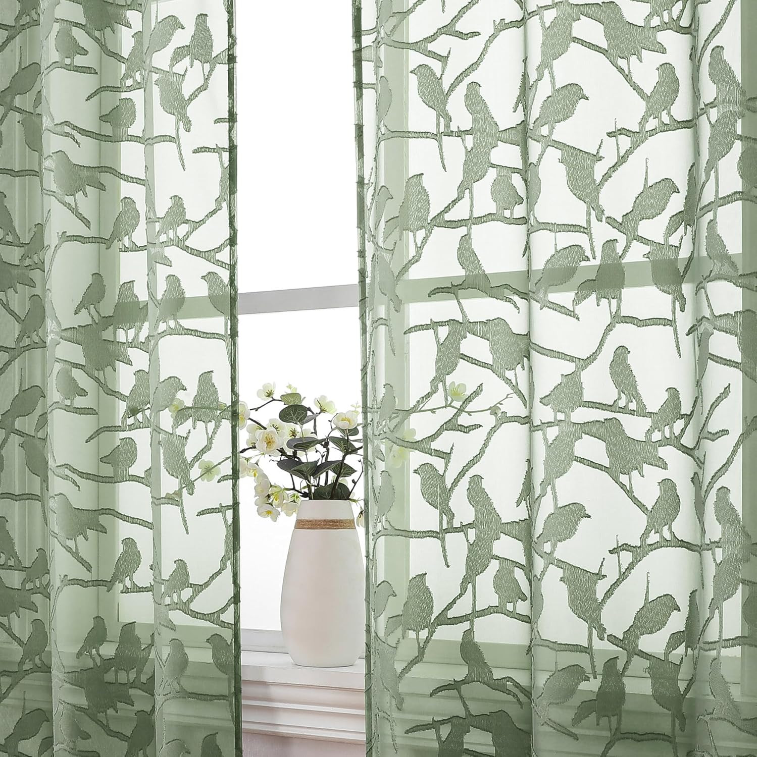 Anji Sheer Curtains 63 Inches Long, Light & 38″W x 63″L (Pack of 2) Sage Green