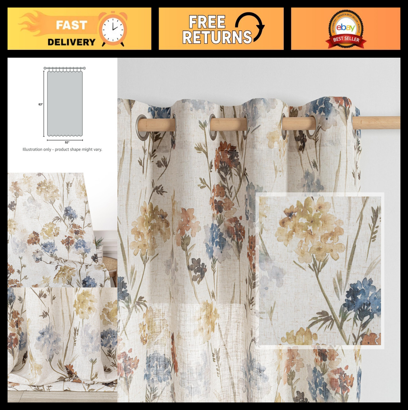 Floral Semi-Sheer Curtains 63″ Long, Light Filtering Grommet Drapes, 2 Panels, Y