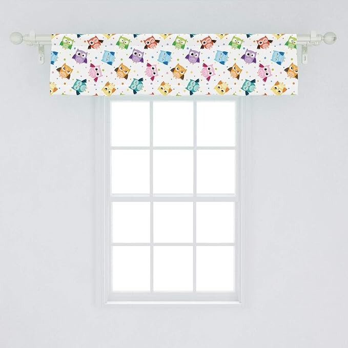 Cartoon Window Valance, Dotted Background Colorful Owls 54″ X 12″