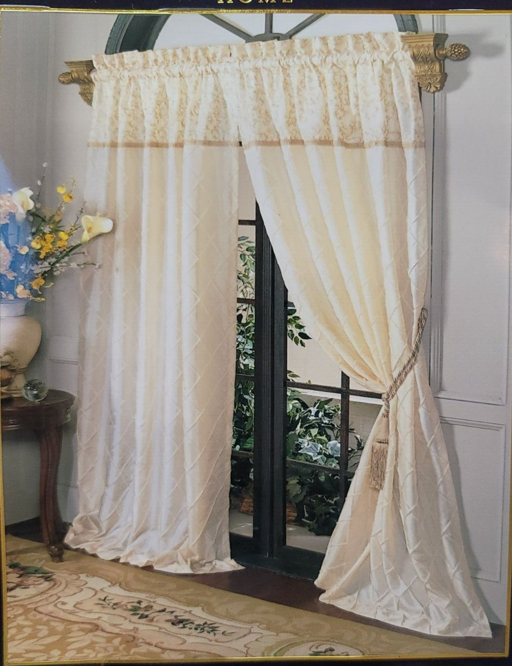 2 Rodeo Home Cream Embroidered Curtain Panels Raised Diamond Lattice Braid Trim