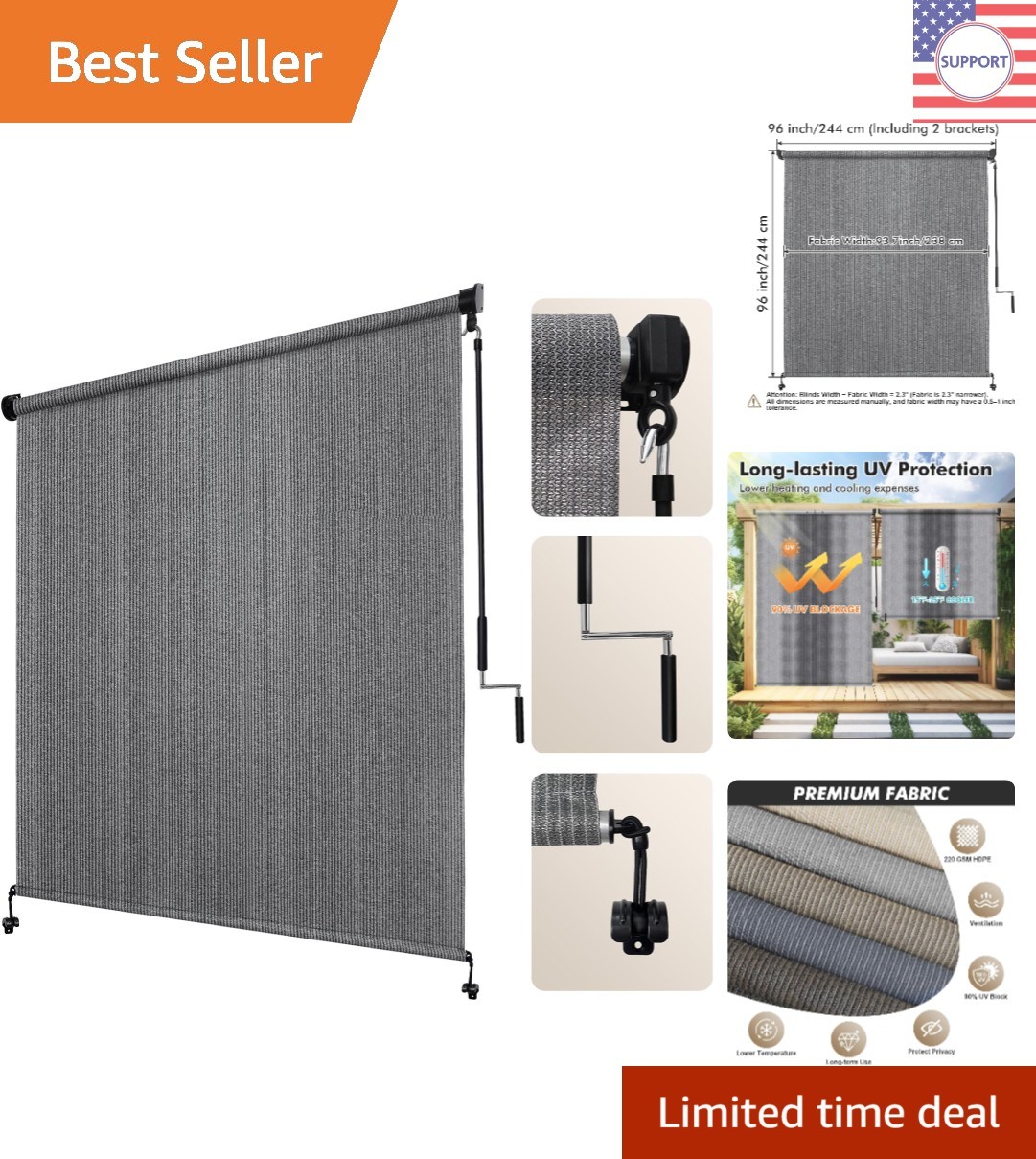 Water-Resistant 8′ x 8′ Cordless Patio Roller Shade in Gray – Privacy & Comfort