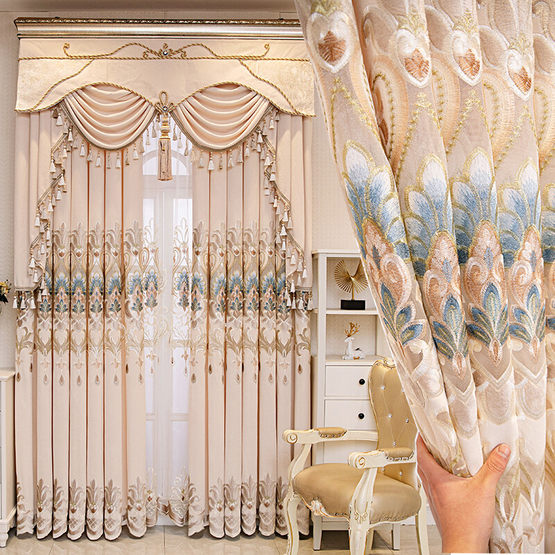 Custom luxury living room shading beige cloth curtain tulle valance drape C1140