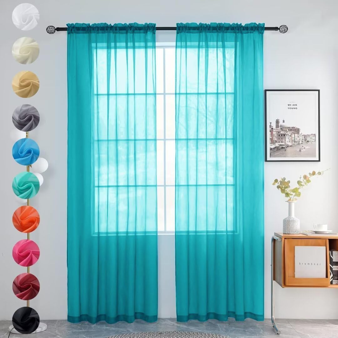 Solid Sheer Rod Pocket Curtain Voile Draperies 2 Panels White Beige Black Grey C