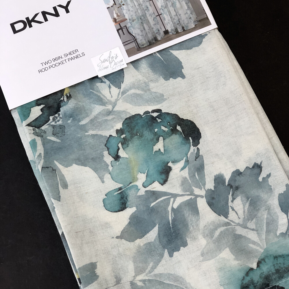 DKNY Aquarelle Linen SHEER 2 Window Curtains Panels Floral Teal BLUE GRAY 50×96