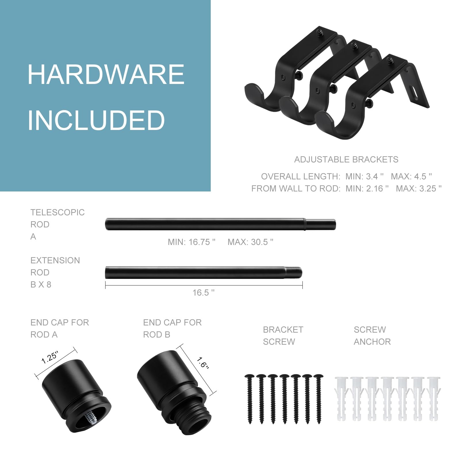 Adjustable Curtain Rod 1 Inch Diameter Heavy Duty Black Metal Window Treatment 1