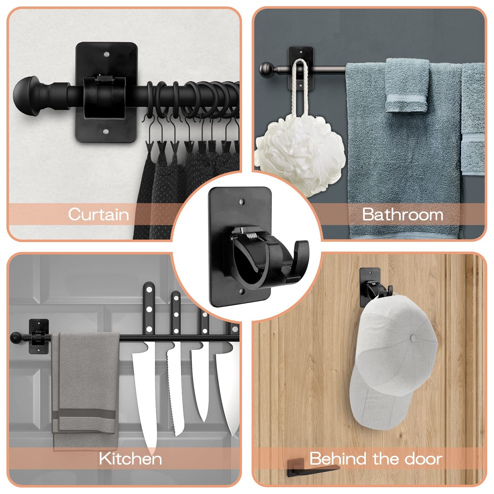 6-Pack Universal Curtain Bracket Holders, Self-Adhesive Wall Mounts, Fits 0.6”-