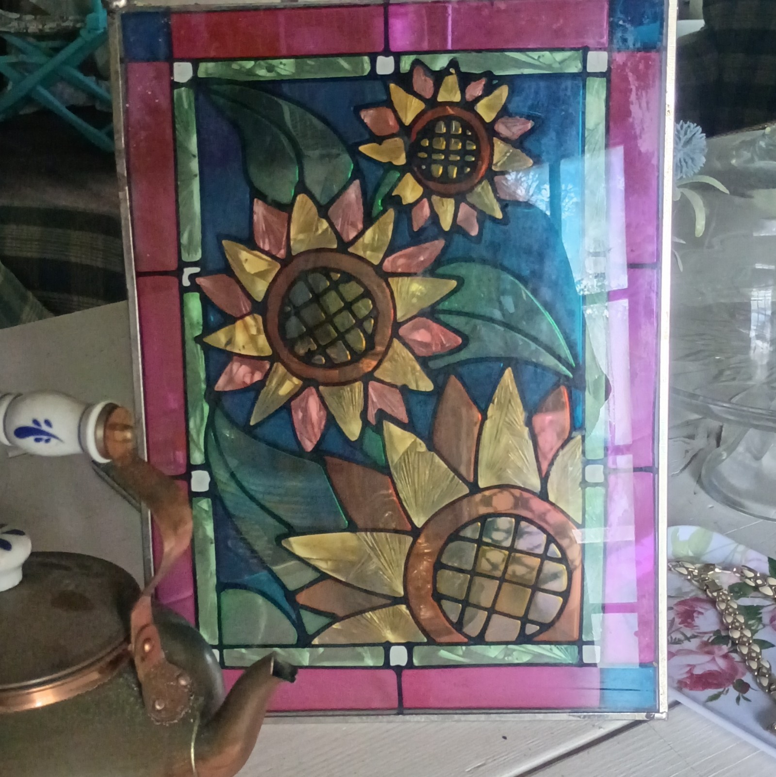 1970s Handmade Stained Glass Sunflower Floral Hanging Panel Multicolor