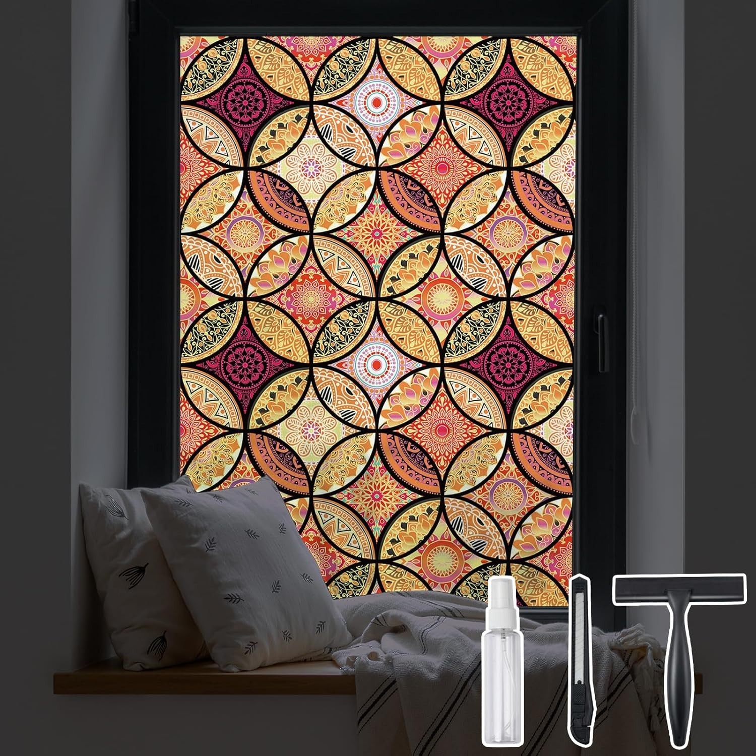 Window Privacy Film Static Clings Stained Glass Sticker with Installation Tools