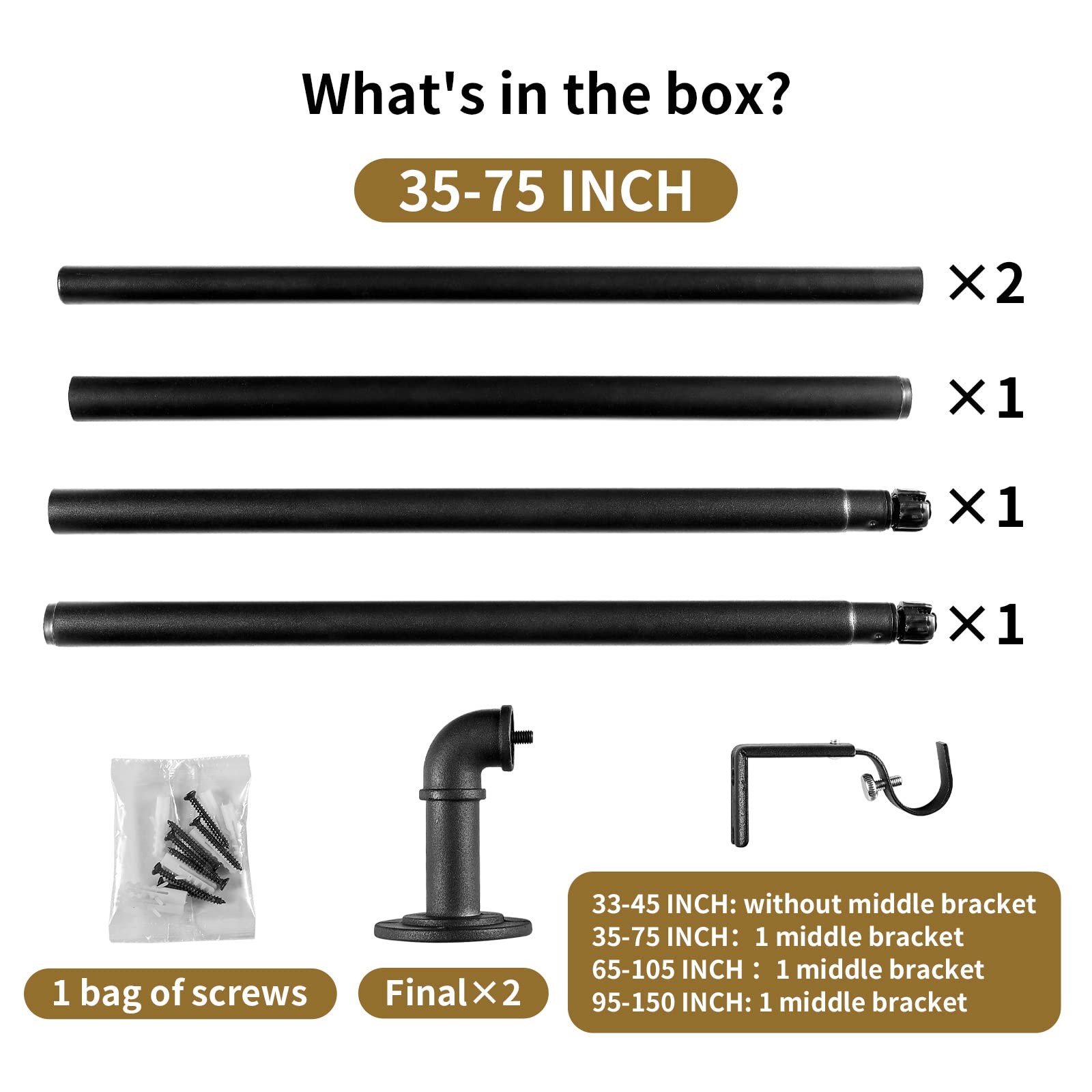 Industrial Curtain Rods for Windows 48 to 84 Inches, 35-75 INCH, Black
