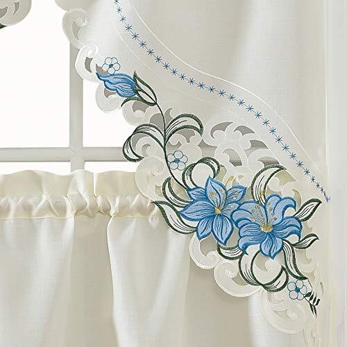 GOHD Lily Fragrance. 3pcs Multi-Color Embroidery Kitchen Cafe Curtain Set Blue