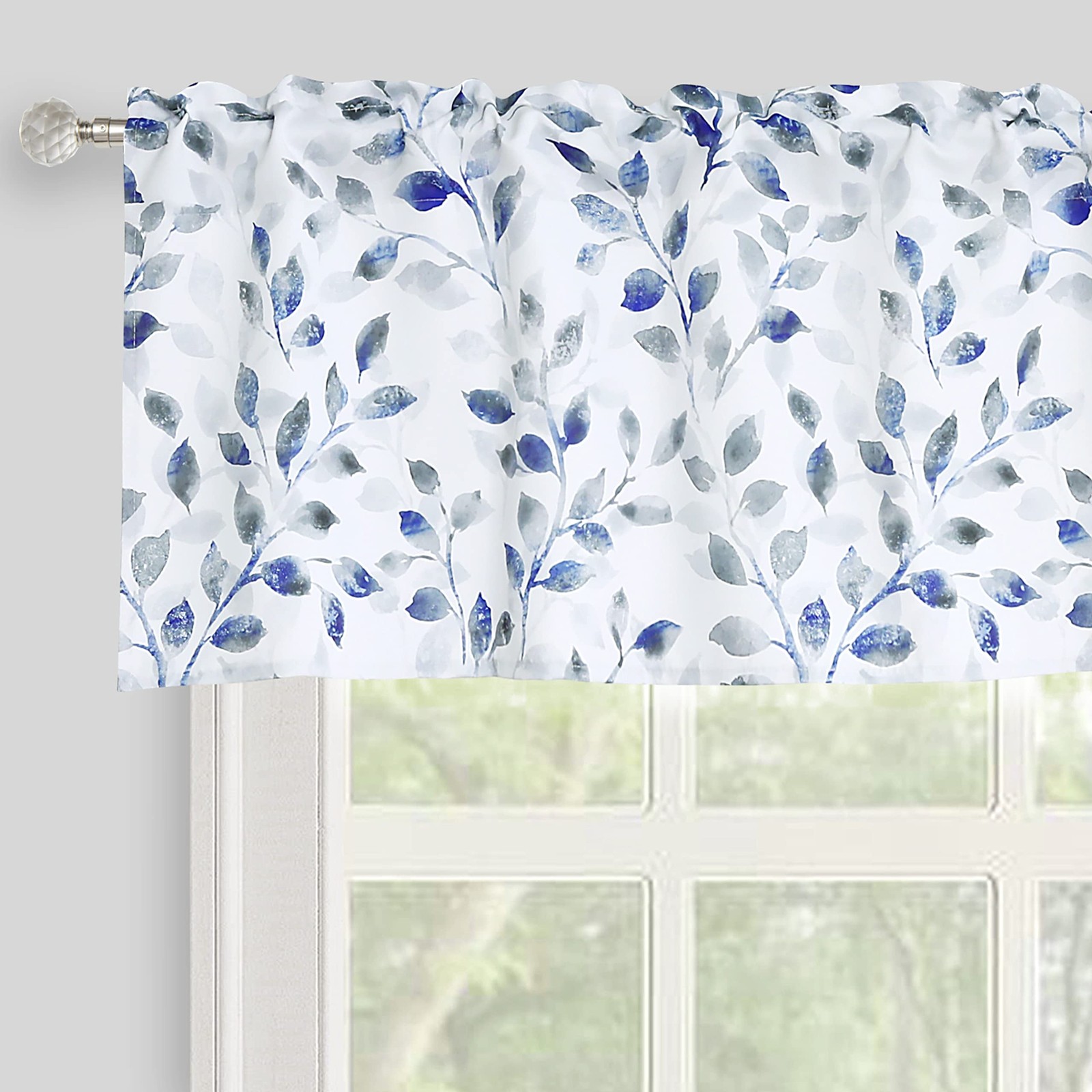 Watercolor Leaves Print Valance for Windows Blue and Gray Floral Printed Shor