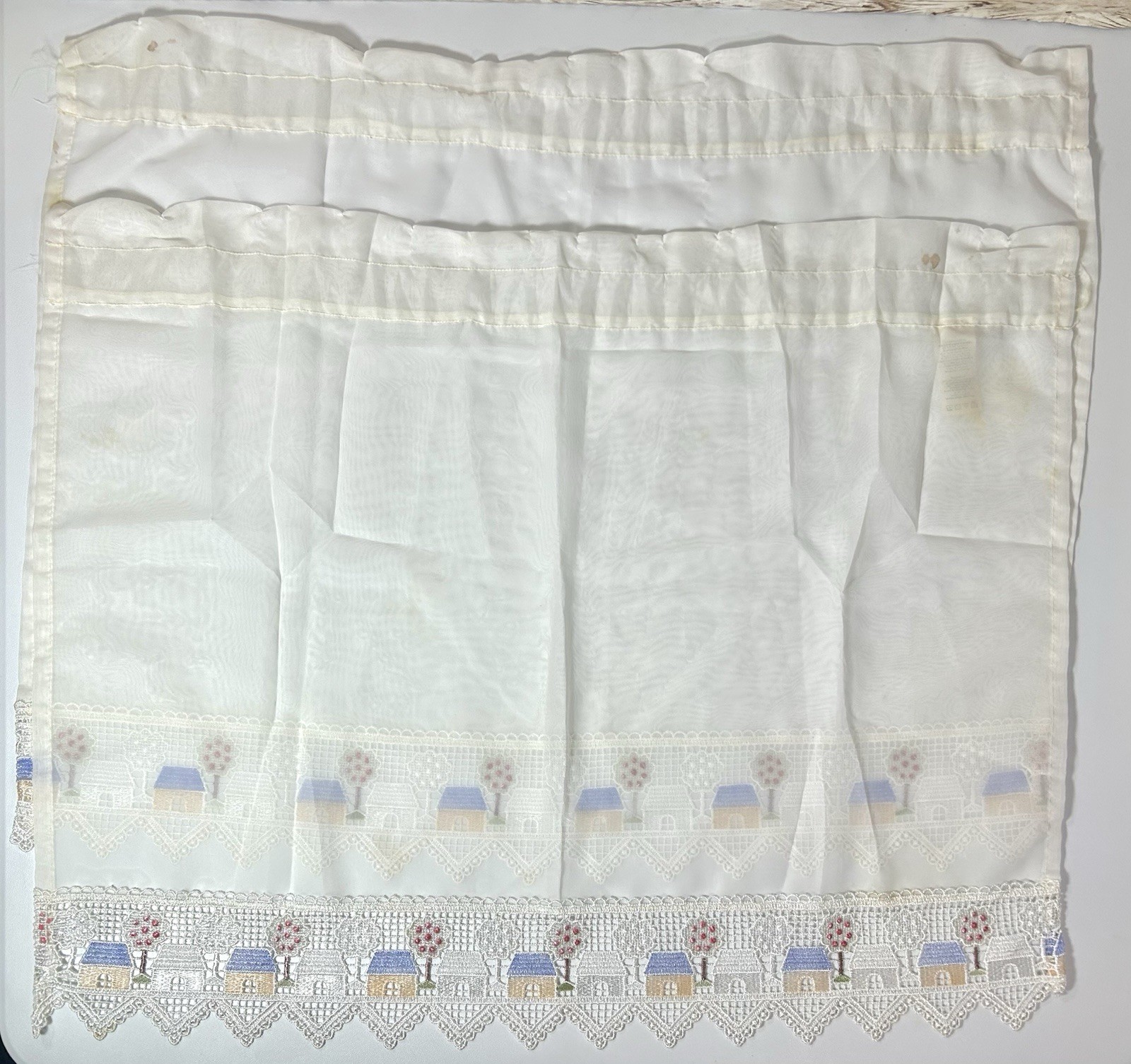 Vintage 90’s Embroidered Curtain Window Valance Panels House Trees Sheer 4 Piece