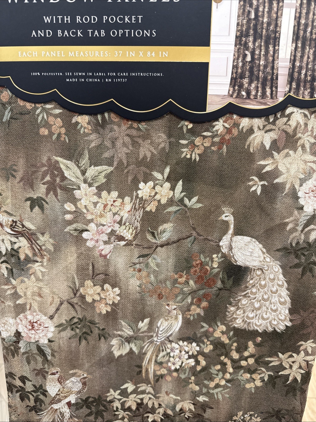 Set 2 Anatara Peacock Birds flower Branches Window Panels 37”x 84” New~