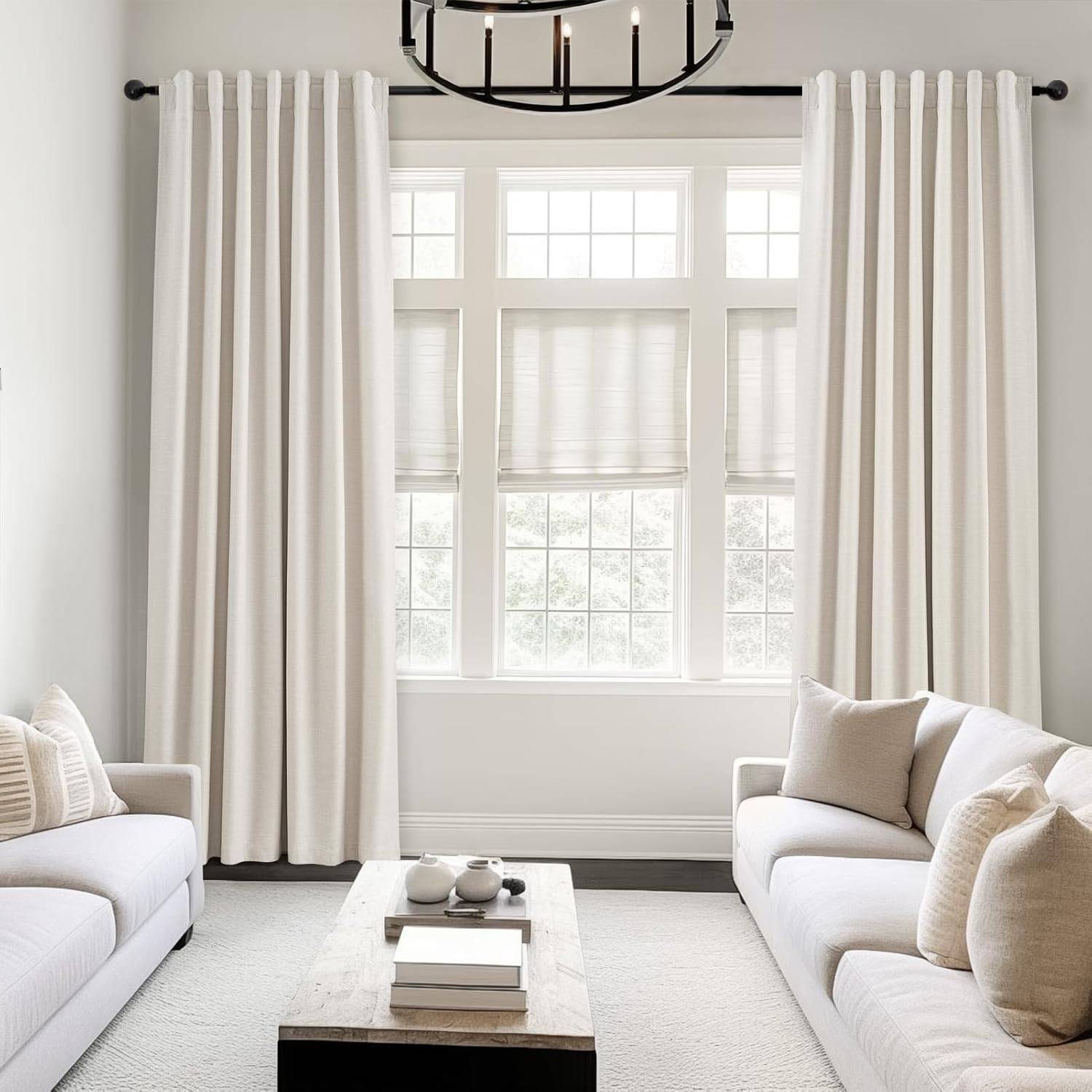 Linen Blackout Curtains 96 Inch Long, Boho Farmhouse Ivory Birch Viral Drapes Pi