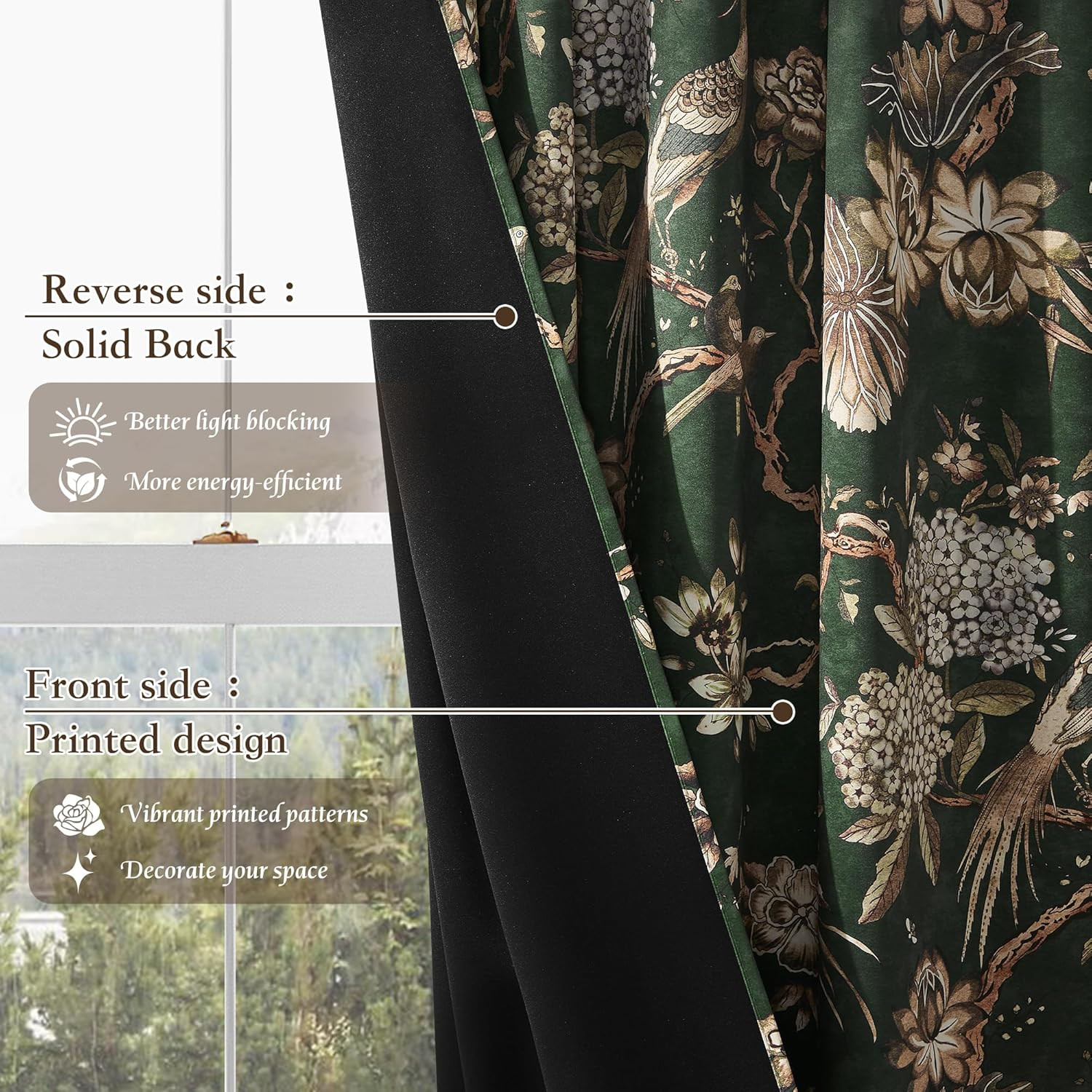 StangH Green 100% Blackout Floral Curtains 84 Inches Long, Printed Vintage Bird
