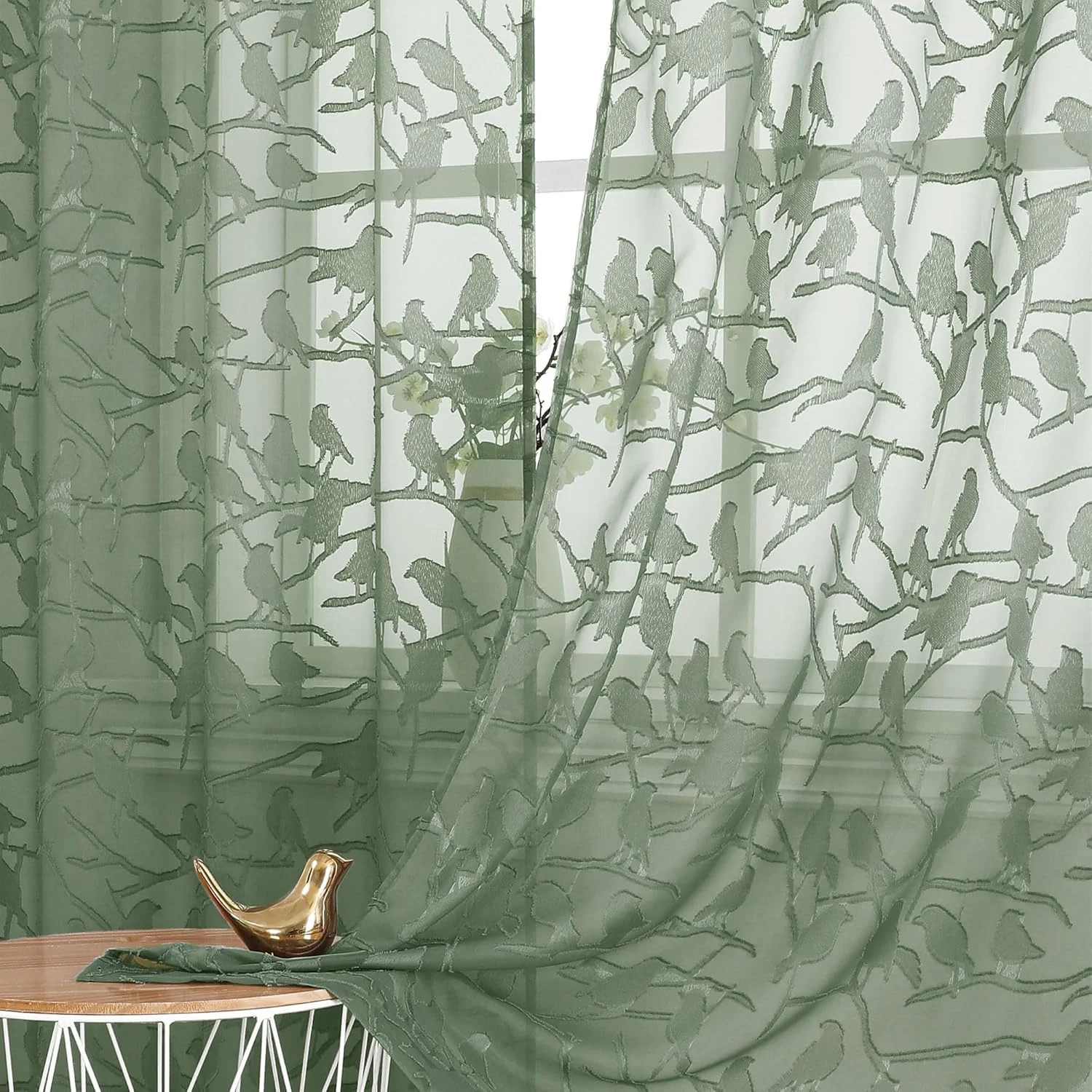 Anji Sheer Curtains 63 Inches Long, Light & 38″W x 63″L (Pack of 2) Sage Green