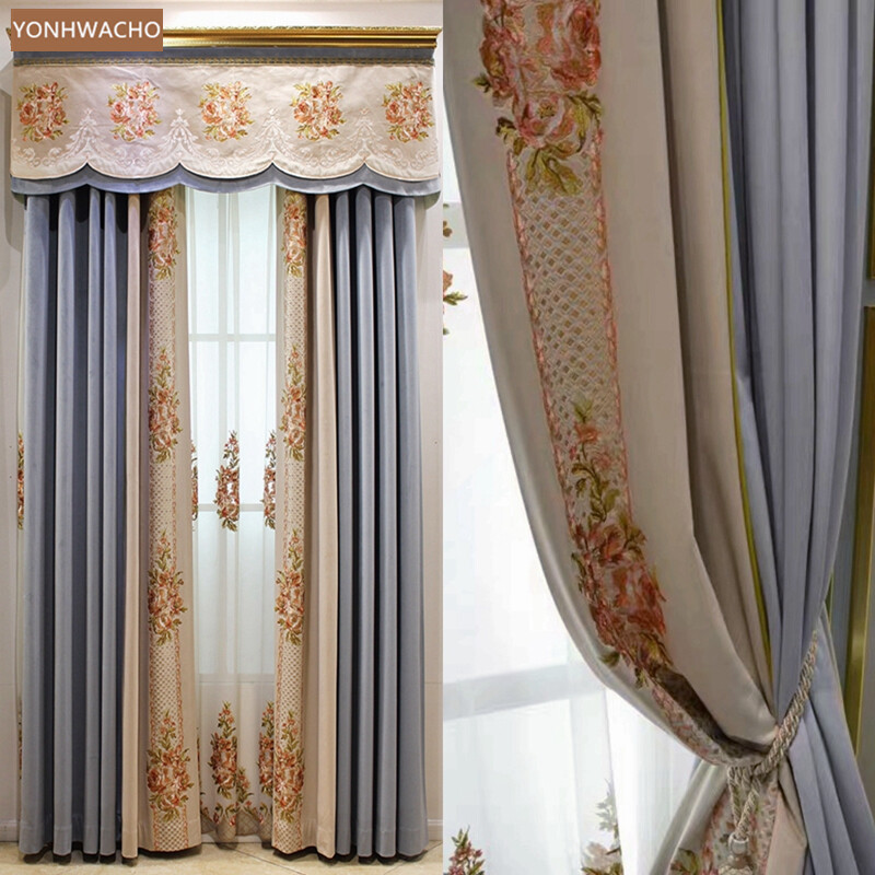 luxury flannel embroidery thick blue velvet cloth curtain valance drapery C758*