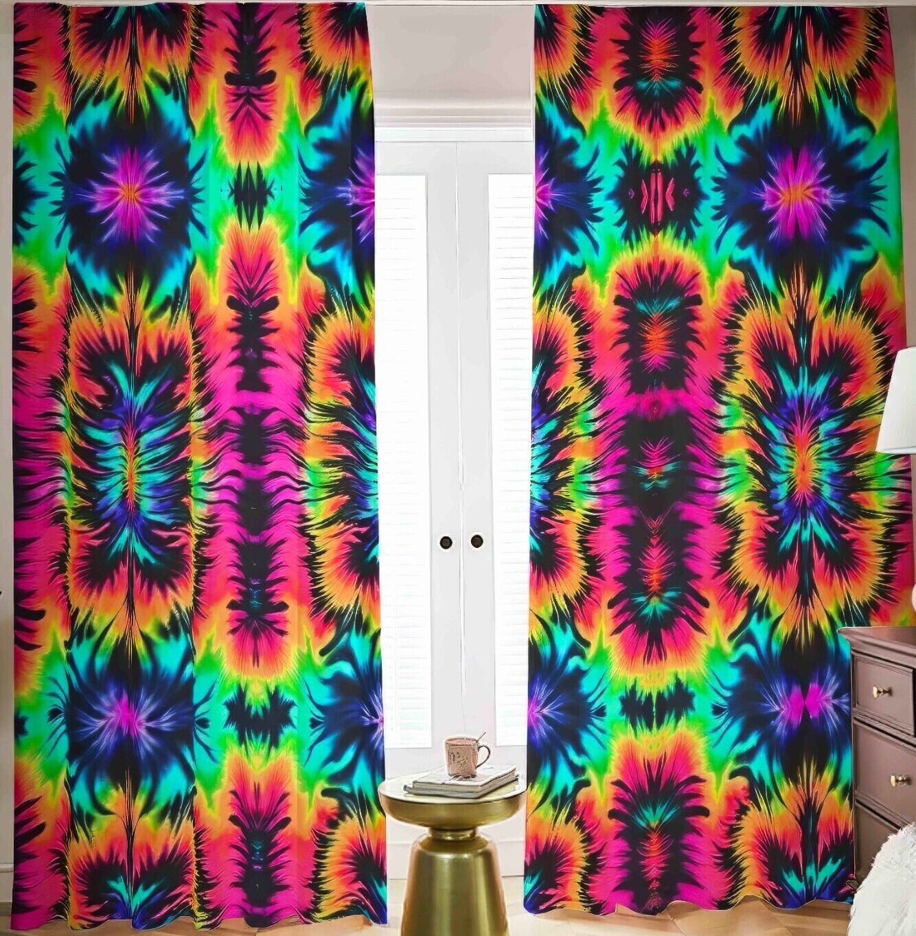 Rainbow Tie Dye Blackout Curtains Drapes Shades Psychedelic Neon Pink Trippy Set