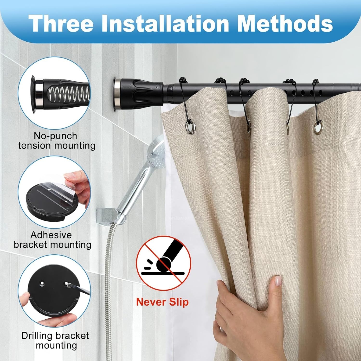 Elegant Black Adjustable Tension Rod, Heavy Duty 42-100 Inch for Window & Bath