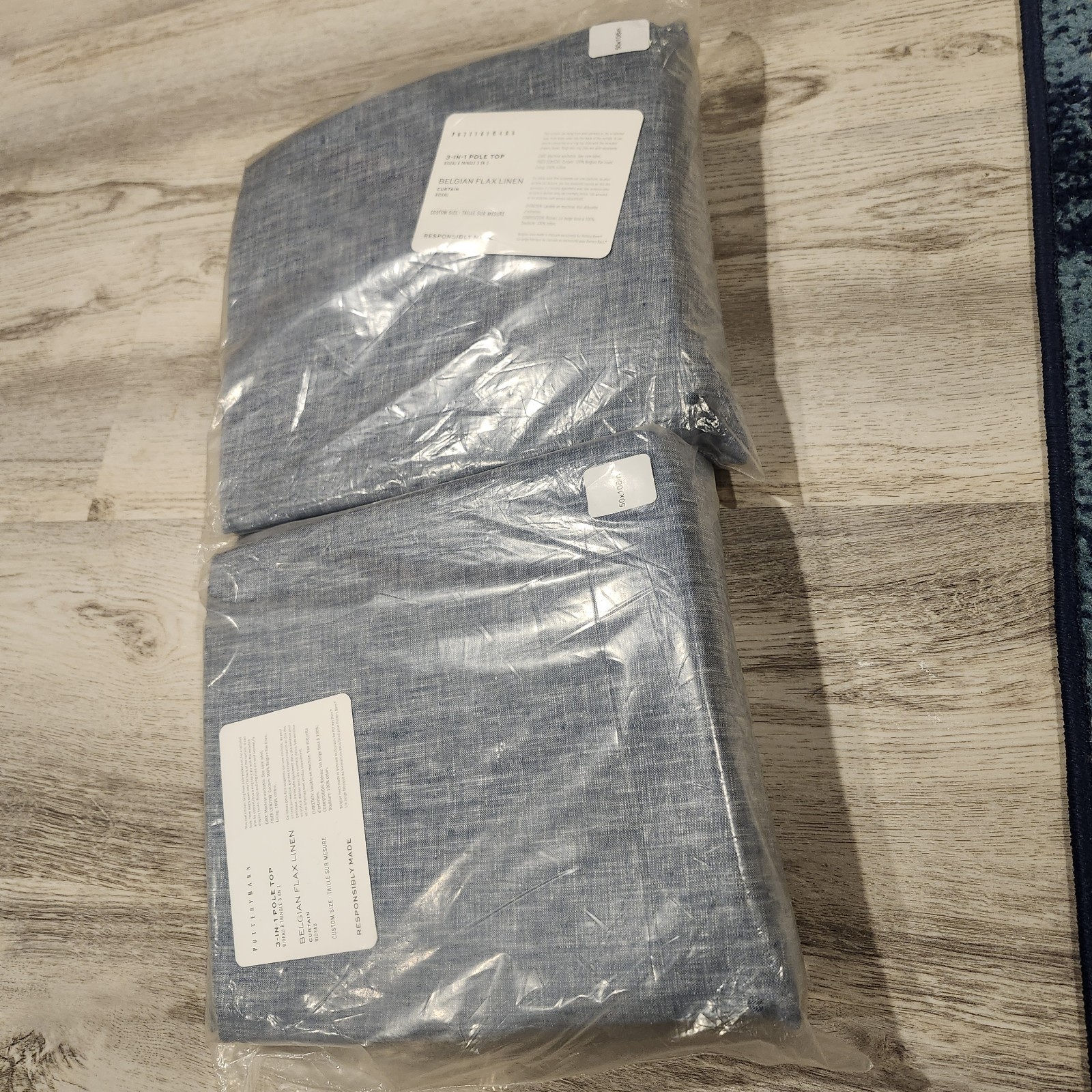 Pottery Barn Belgian Flax Linen Blue Chambray RIDEAU Curtain Panel (2) 50×106
