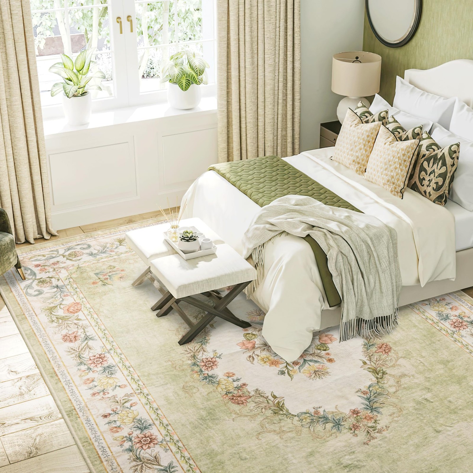 RYB HOME 8×10 ft Washable Area Rug Sage Green Floral Non Slip Rubber Backing