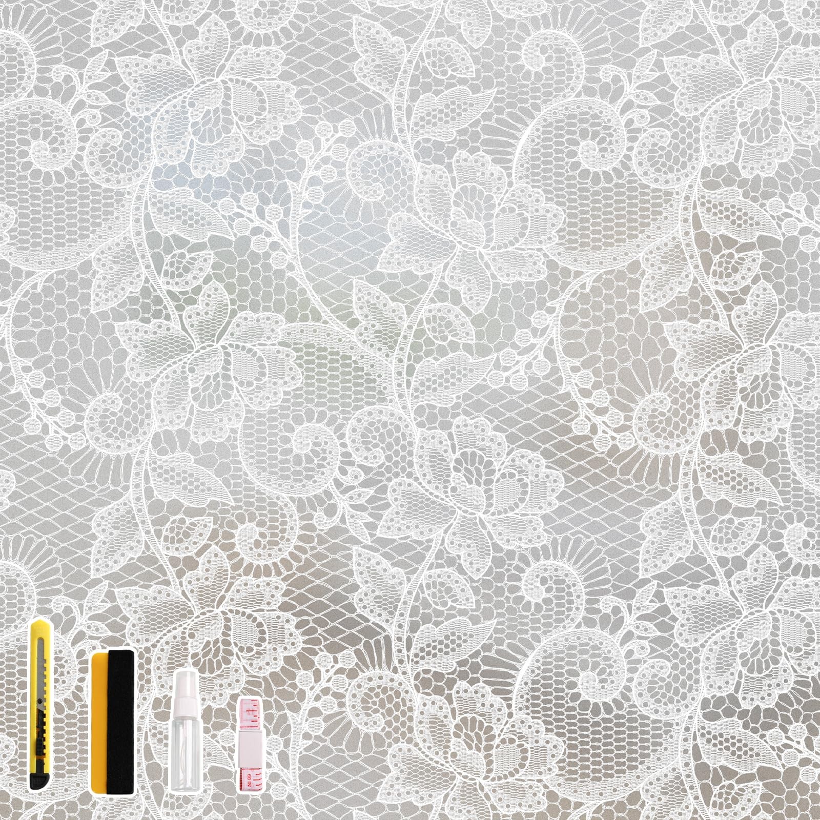 Frosted Window Privacy Film White Lace Stained Glass Static Cling Tint
