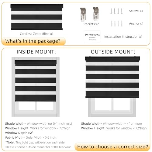 Cordless Zebra Blinds for Windows, Dual Layer Free-Stop 30″W x 72″H Black