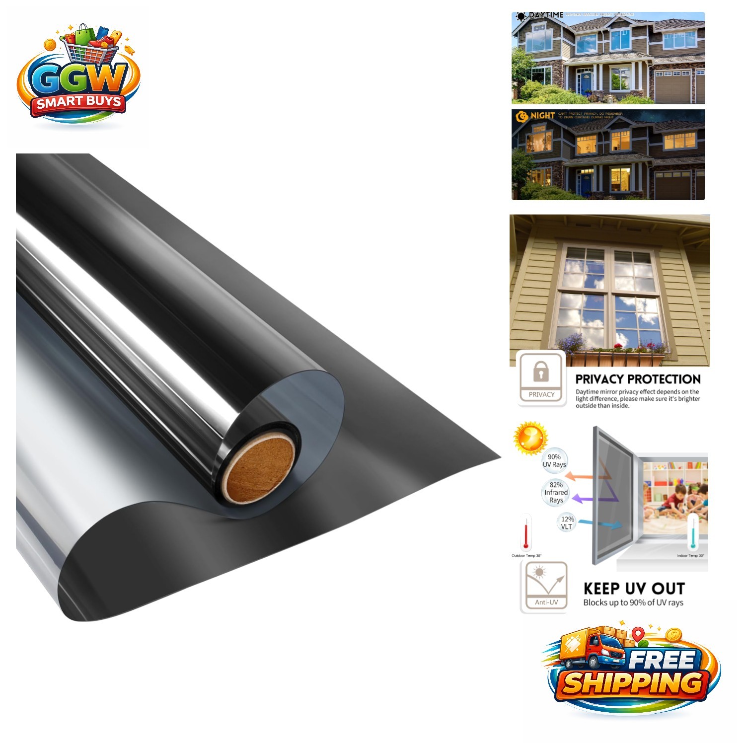 Daytime Privacy Window Film – Black-Silver Static Cling UV Blocking Tint