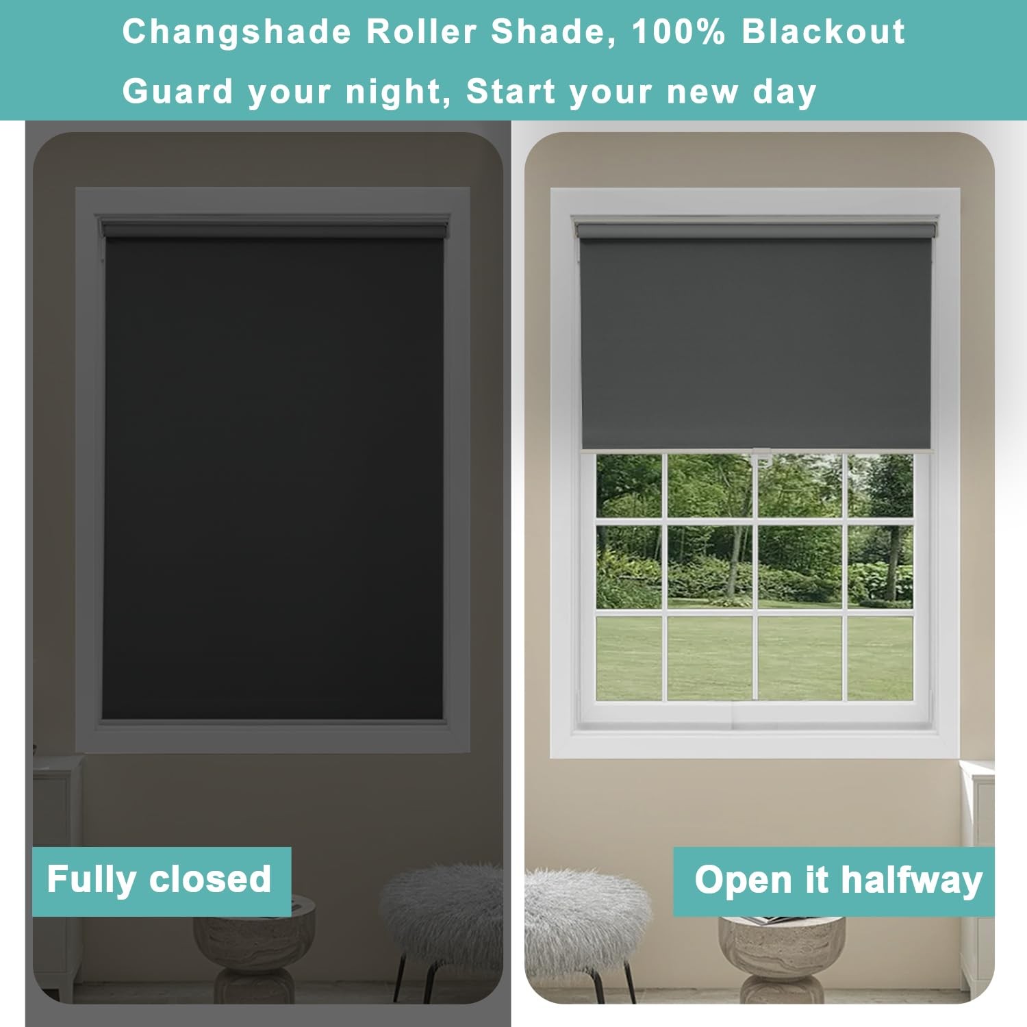 Cordless Roller Shades Blackout Blinds for Indoor Windows,Pull Down Darkening…