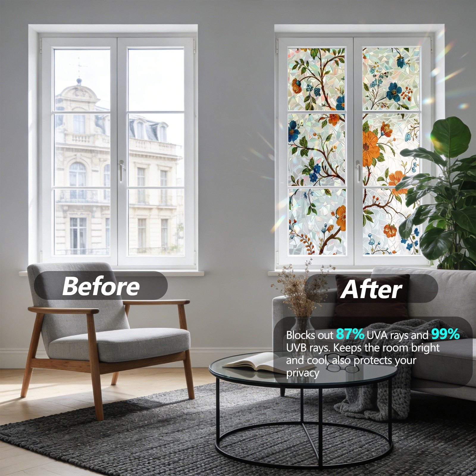 Colorful Floral Privacy Window Film, Decorative Glass Decal Sticker 17.7 x118in