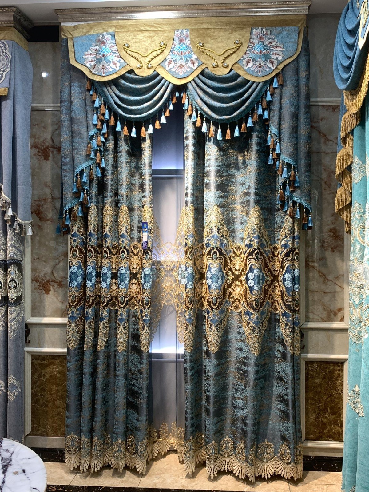 embroidery bronzing flannel European blue cloth valance curtain tulle M1927