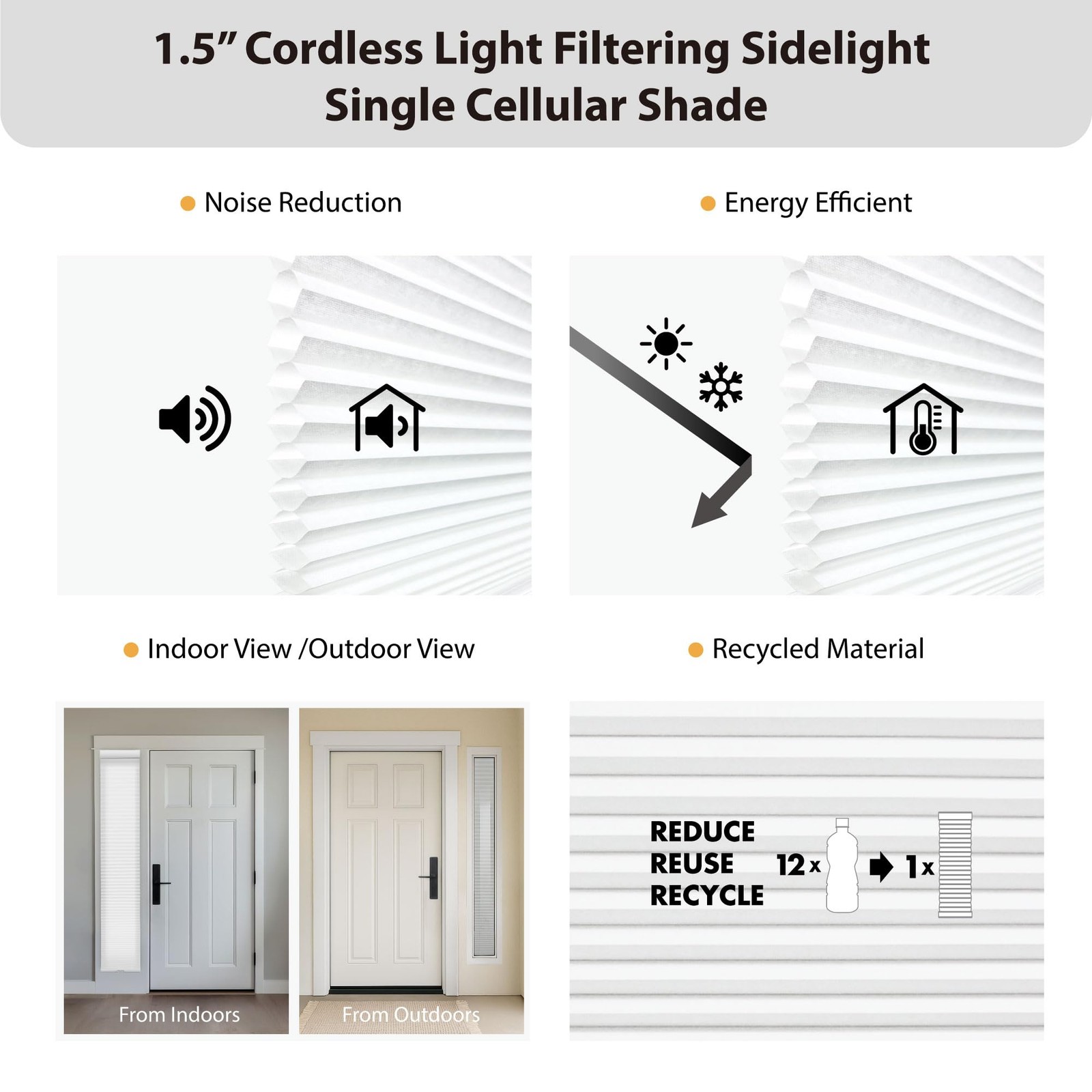 Cordless 1.5″ Light Filtering Sidelight Cellular Shade, 7″ W x 72″ H, White