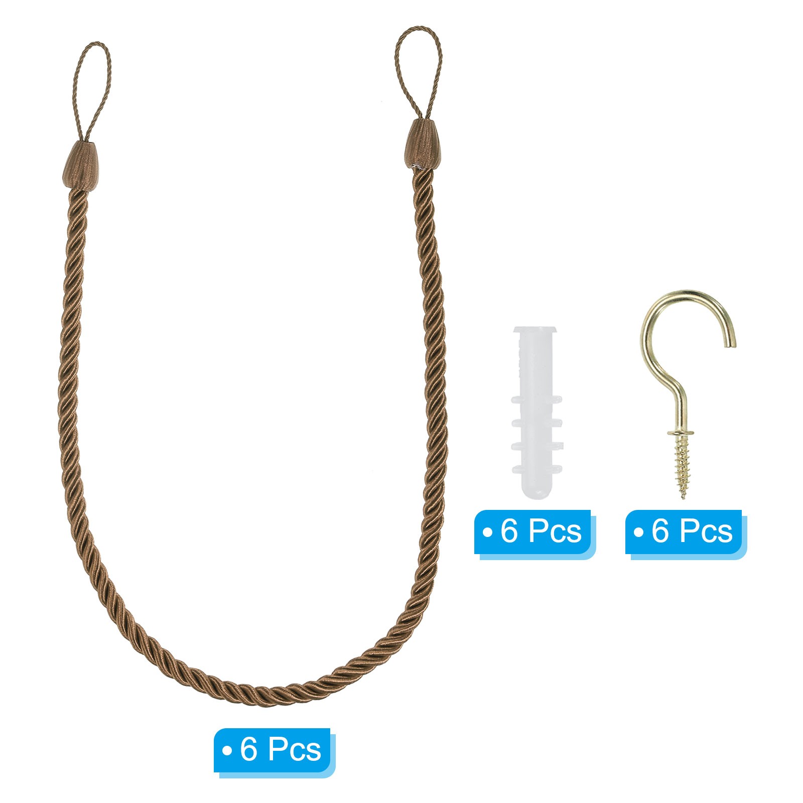 6pcs Curtain Tiebacks Ropes with Hooks Bolts Khaki