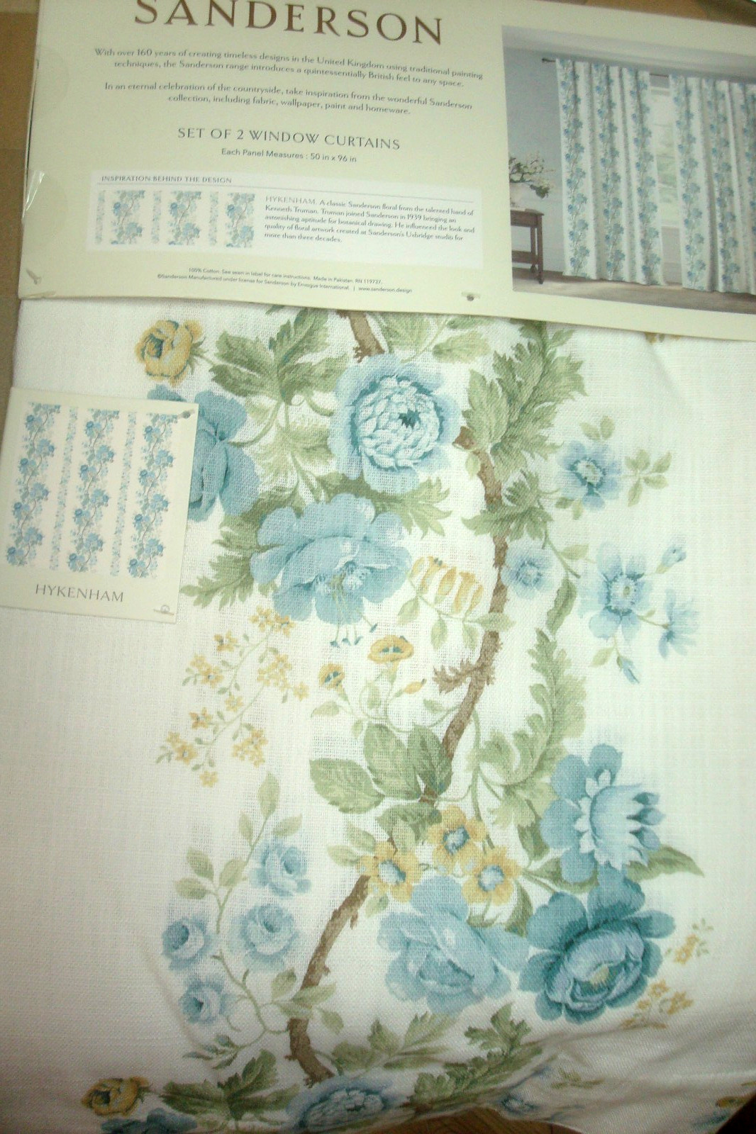 NWT Sanderson 2 pc Window Curtain Panels Hykenham Floral Aqua Blue Cotton 96″ lg
