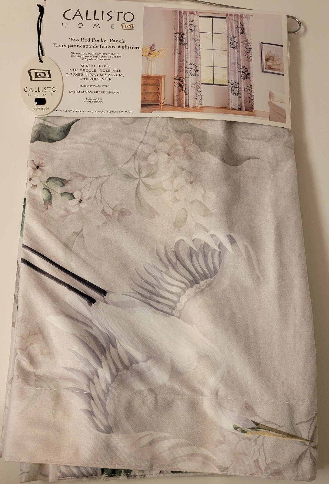 Callisto Home Heron Bird Window Curtains Panels 38 X 96 Pair Drapes Blush Scroll