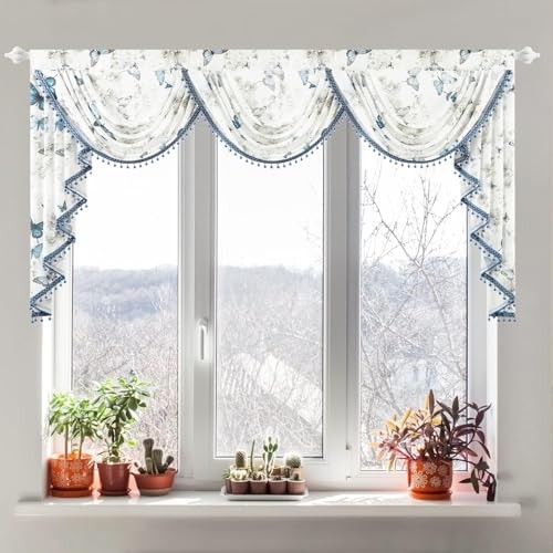 Extra Wide Sheer Valance Curtains, 79″W x 43″L (Pack of 1) Blue Butterfly