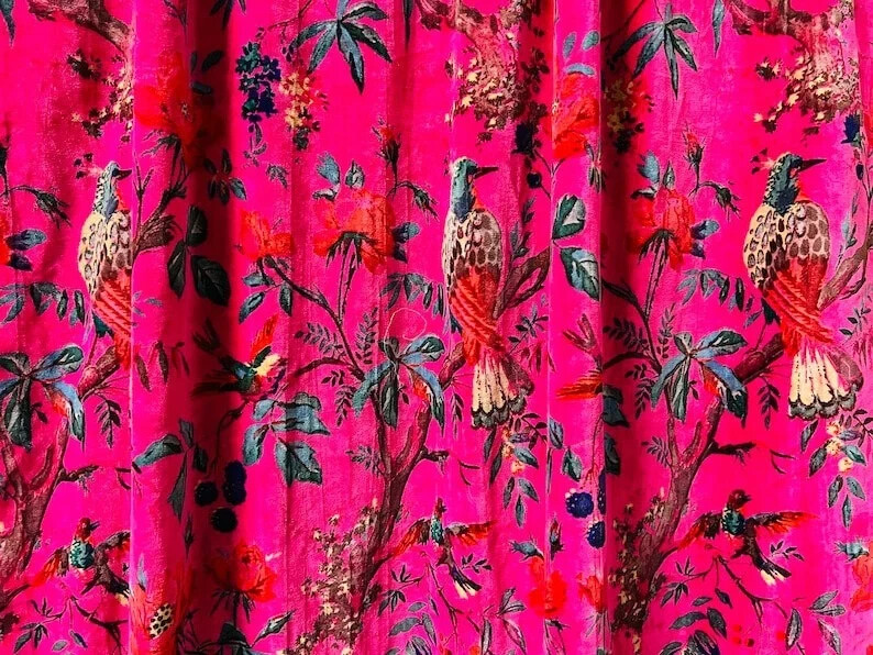 Vintage Cotton Velvet Hot Pink Bird Print Luxury Curtain, Boho Curtain Drapes