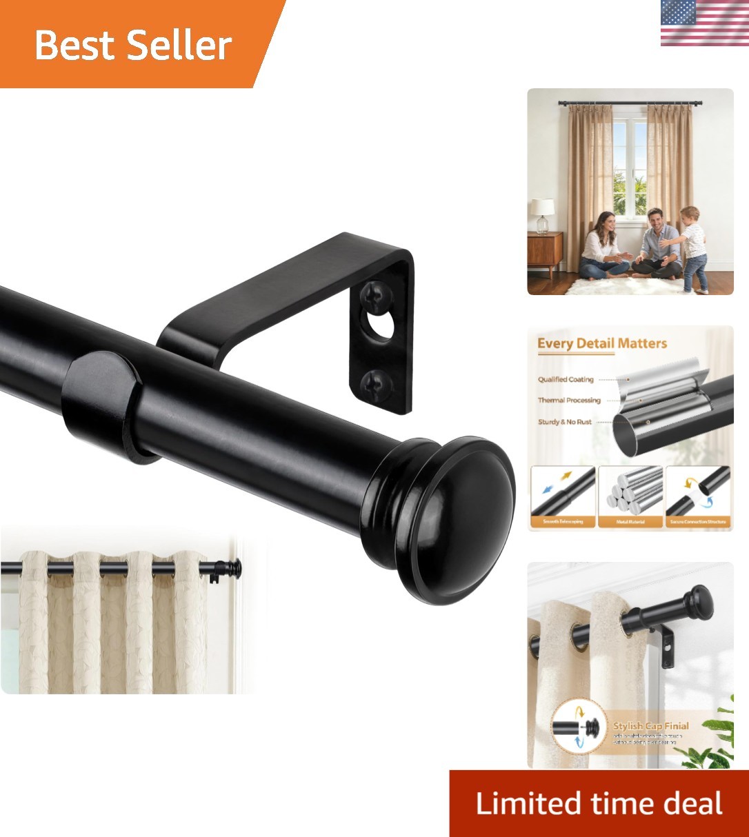 Curtain Rod 32 to 58 Inch2.6-4.8ft, Telescoping Splicing 3/4 Drapery Rods for…