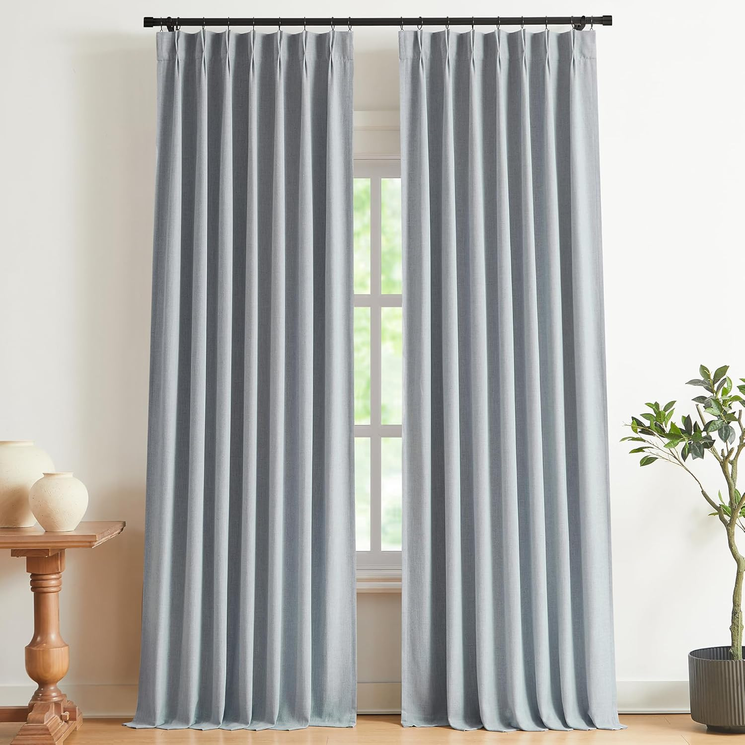 Blue Gray Pinch Pleated Full Blackout Curtains Linen Blended Room Darkening Wind