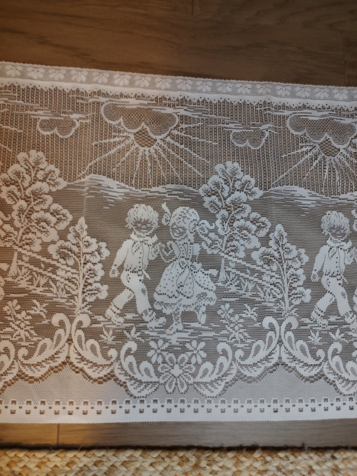 European Lace Curtain Children Sun Pigtails Boy Girl Outdoors Scene Trees Ecru