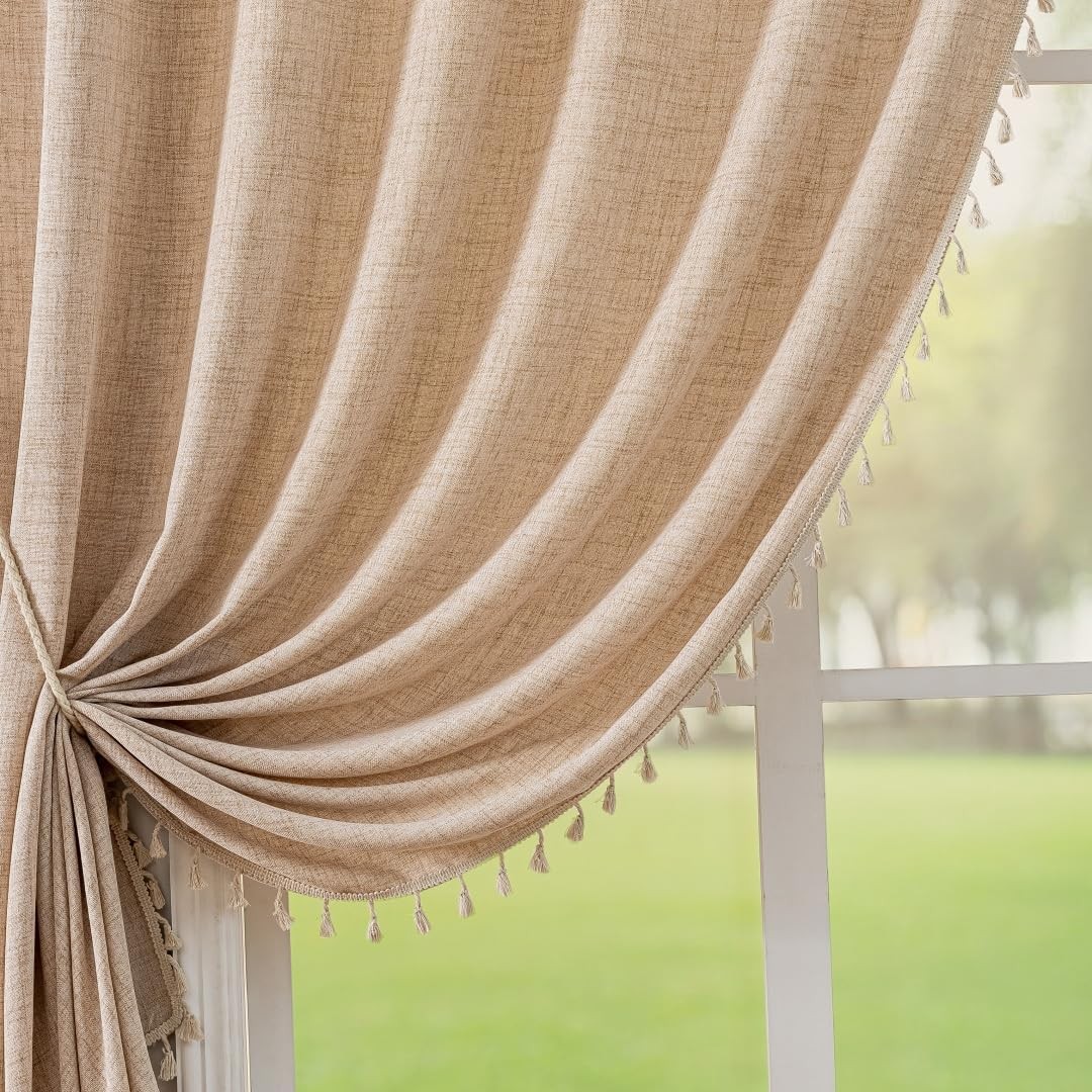 Boho Beige Curtains 94 In Long Bohemia Linen Curtains for Bedroom Living Room