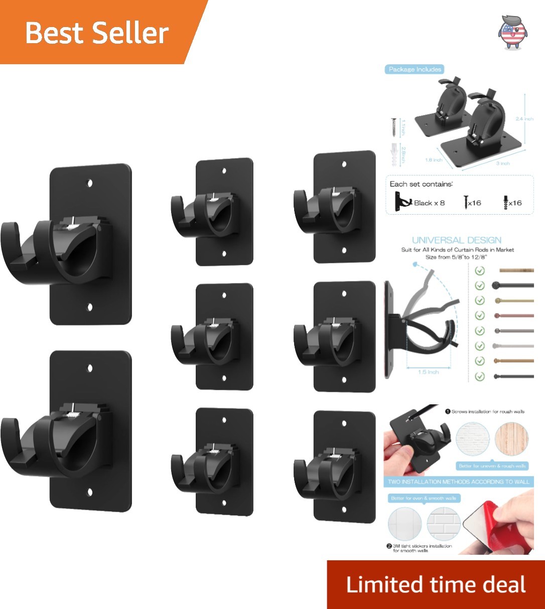 Versatile 8 Count Universal Curtain Rod Holders – Easy No Drill Installation