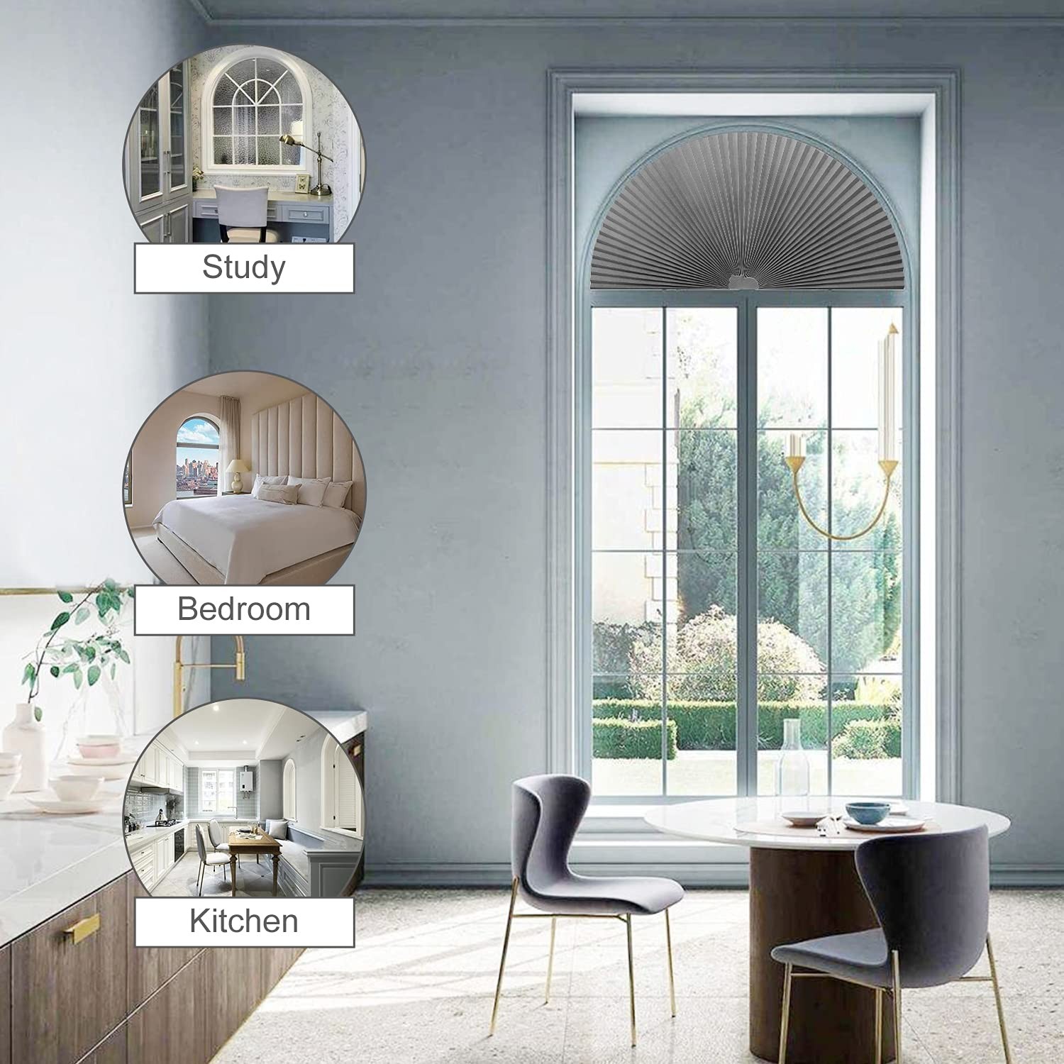 Grey Arch Window Pleated Blinds Easy Cut Install 36″W x 72″H Pleated Shades