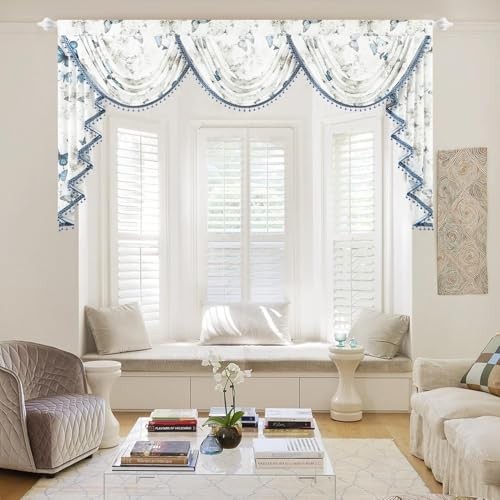 Extra Wide Sheer Valance Curtains, 79″W x 43″L (Pack of 1) Blue Butterfly