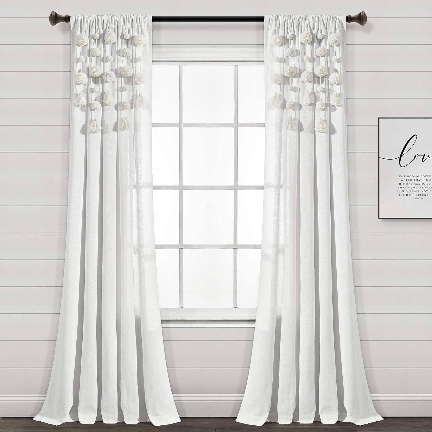 Boho Pom Pom Tassel Linen Curtain Panel, Off White, 84″ L X 52″ W