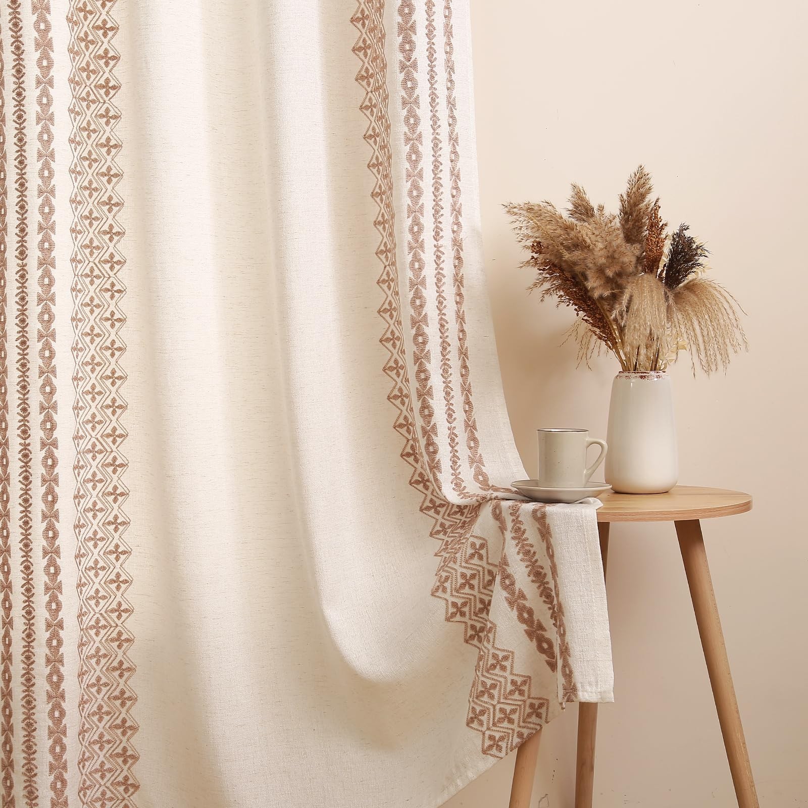 Chorowl Beige Linen Curtains 96″ Long 2 Panels 52×96″ Taupe on Cream Striped