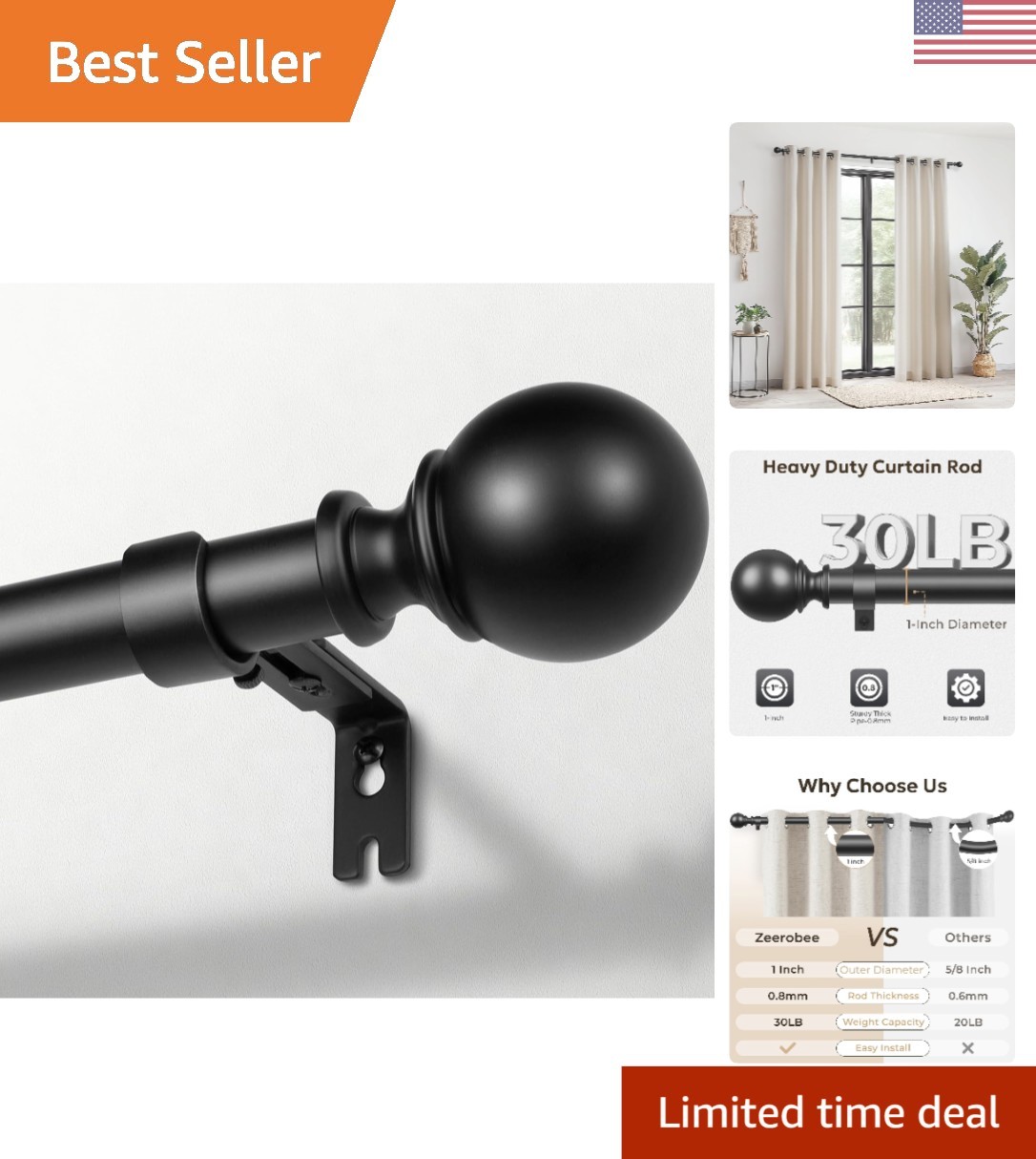 Sturdy 66-120” Black Curtain Rod with Classic Ball End Cap for Modern Homes