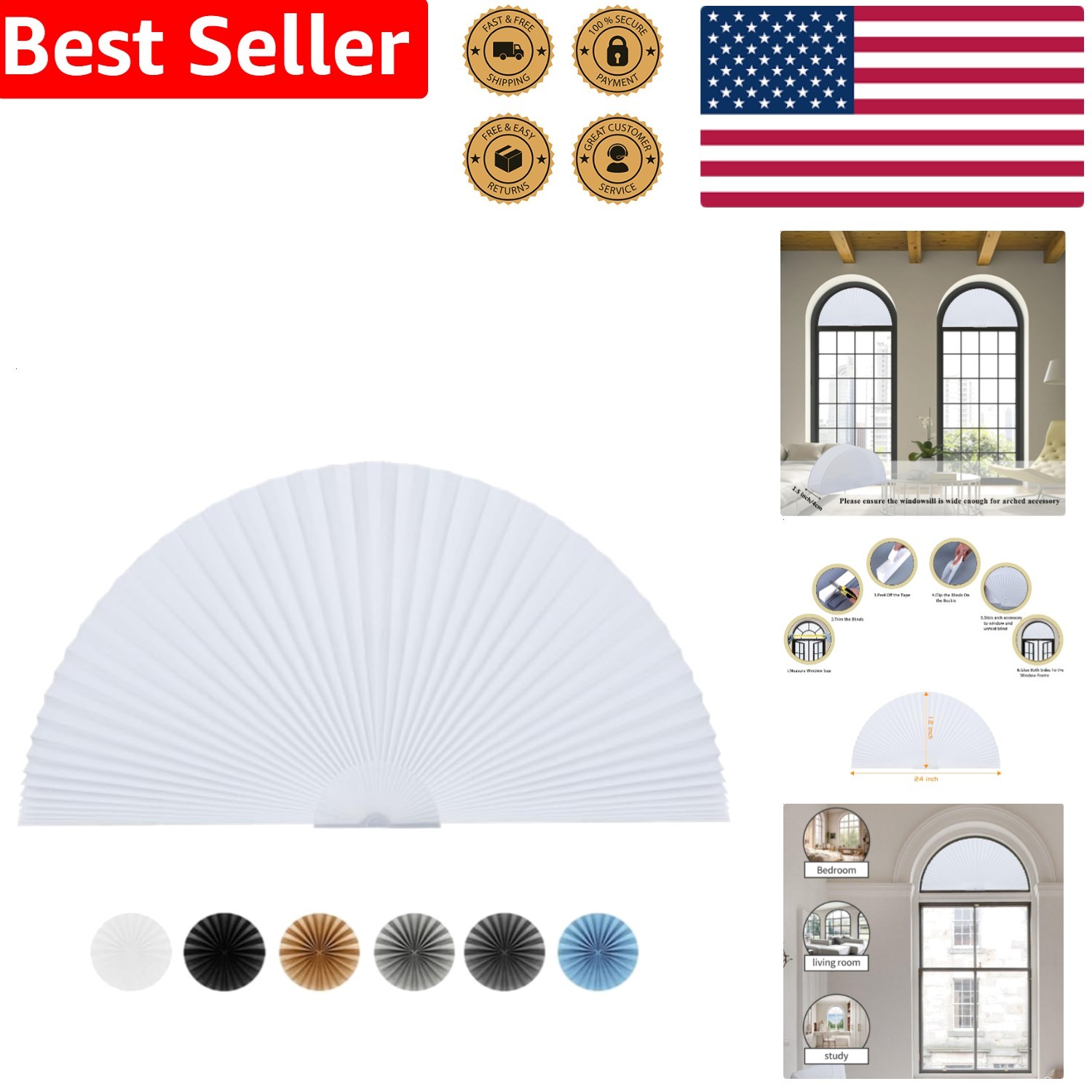 Arch Window Shade 12 Inch Radius Half Circle Non-Woven Stick On Light Filtering