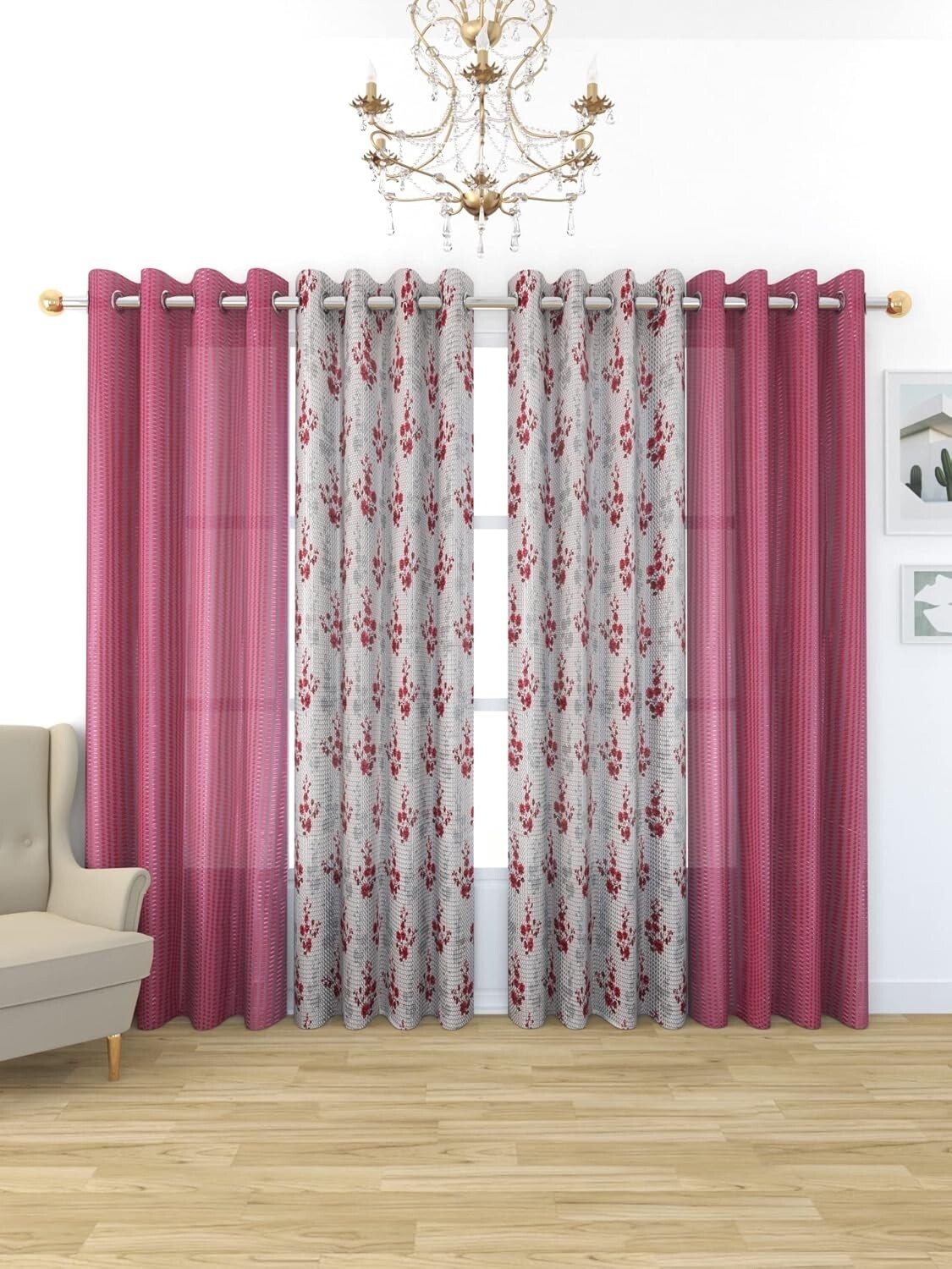 New 4 Pieces Eyelet Door Curtain Set 7 Feet Pink