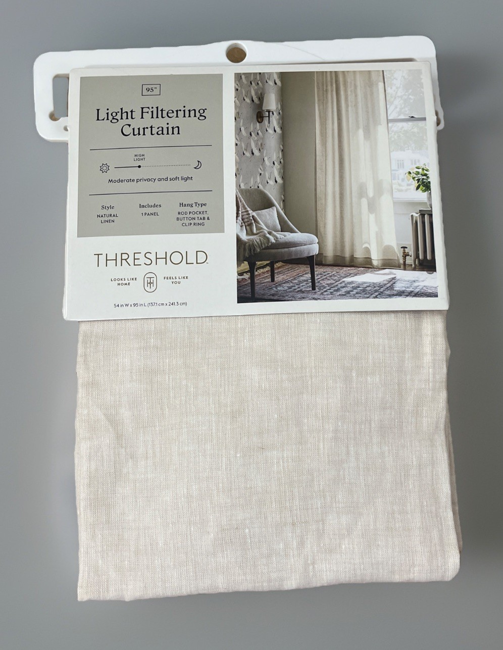 Threshold Light Filtering 100% Linen Single Natural Khaki Curtain Panel 54 x 95
